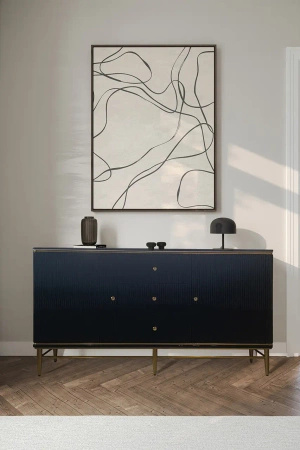 Komoda czarna Violino glamour ze złoceniami i białym blatem ze spieku