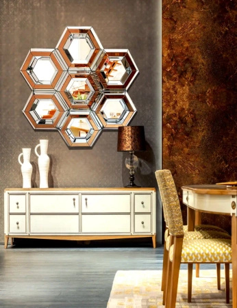 Lustro Rimini 100/103cm złożone z wielu złoto-lustrzanych elementów w kształcie plastrów miodu oryginalne