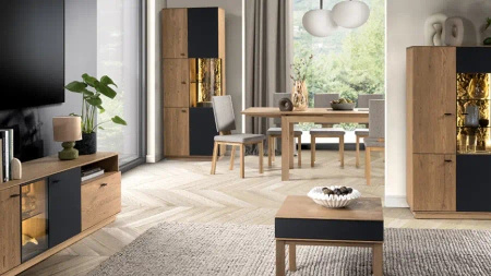 Wysoka komoda do salonu Corena 110x143x40 cm z litego drewna dębowego z oświetleniem