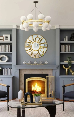 Lustro okrągłe Grosetto 92cm w stylu glamour ze złotymi elementami w kształcie płatków kwiatu