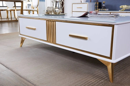 Stolik kawowy Laval glamour 130/70/41cm z białego szkła hartowanego o złotym wykończeniu