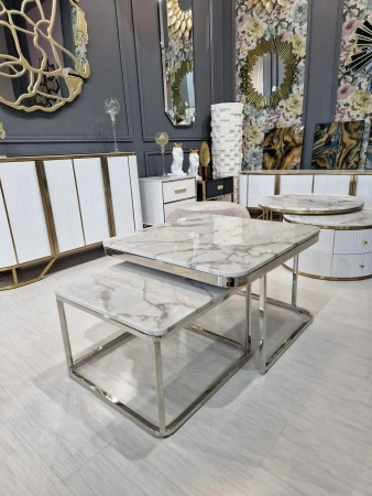 Zestaw stolików kawowych Porto srebro/biel