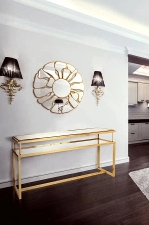 Lustro okrągłe Grosetto 92cm w stylu glamour ze złotymi elementami w kształcie płatków kwiatu