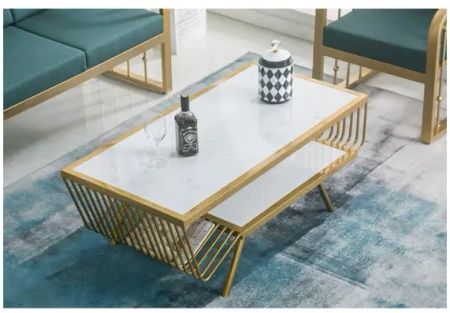 Stolik kawowy Esonne glamour 100/52cm złoty z białym marmurowym blatem