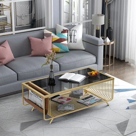 Stolik kawowy glamour Bonda miodowy 100/50cm z czarnym hartowanym szkłem