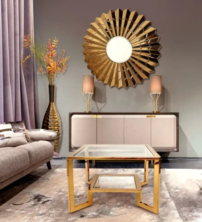 Lustro okrągłe glamour Violett Ciemne Złoto 90cm w lustrzanej wachlarzowej ramie