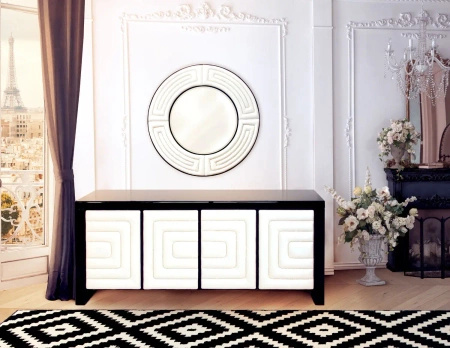 Konsola czarna Belluno 120/42/78cm połyskująca z białymi skórzanymi obiciami szafek ozdobionymi cyrkoniami