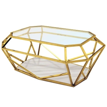 Stolik kawowy glamour Emerald 100/70/41cm złoty ze szklanym i marmurowym blatem