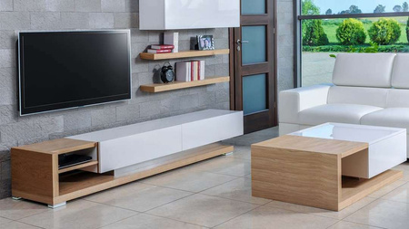 Ława 125 cm dąb naturalny + biały połysk PORTO STANDARD