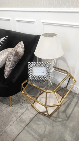 Stolik kawowy glamour Emerald 100/70/41cm złoty ze szklanym i marmurowym blatem