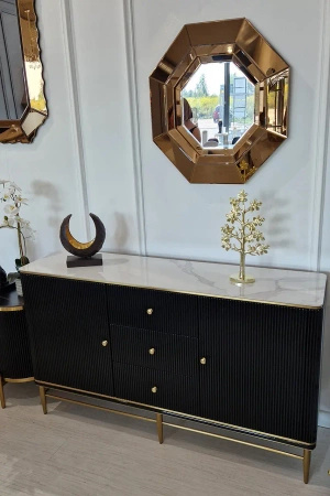 Komoda czarna Violino glamour ze złoceniami i białym blatem ze spieku