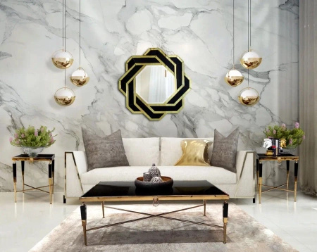 Lustro Silvia szampańskie 80cm w stylu glamour dekoracyjne w geometrycznej luksusowej ramie