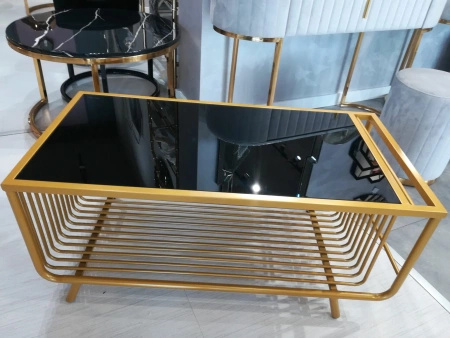 Stolik kawowy glamour Bonda miodowy 100/50cm z czarnym hartowanym szkłem
