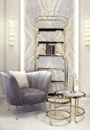 Regał Hyatt Silver 90/32/230 cm ze szklanymi półkami ekskluzywny designerski srebrny metalowy