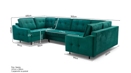 Narożnik AKITA U 365x185 cm z funkcją spania