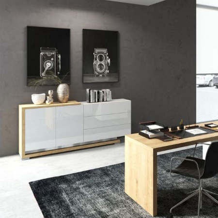 Komoda minimalistyczna biały połysk/dąb naturalny 205x94x46 cm PORTO STANDARD