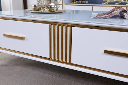 Stolik kawowy Laval glamour 130/70/41cm z białego szkła hartowanego o złotym wykończeniu