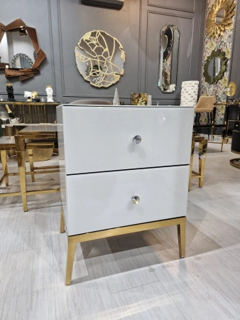 Szafka nocna Milan 50/40/66cm z białego szkła na złotych nóżkach