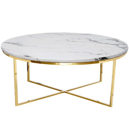 Stolik kawowy Pelio glamour z blatem z białego marmuru osadzony na złotym stelażu 90/90/42 cm