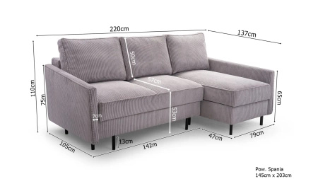Narożnik ROBIN 220x137 cm z funkcją spania