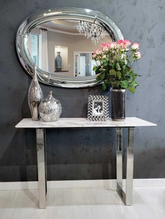 Konsola Madera 36/76/122cm w stylu glamour z białym marmurowym blatem o srebrnym stelażu