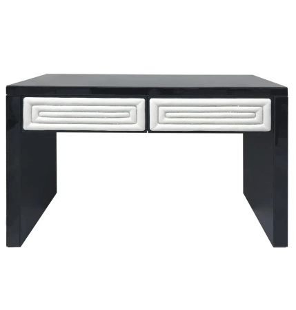 Konsola czarna Belluno 120/42/78cm połyskująca z białymi skórzanymi obiciami szafek ozdobionymi cyrkoniami