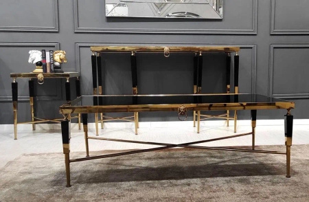Stolik kawowy Monaco glamour 130/70/45cm z symbolem lwa czarno-złoty, marmur