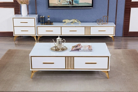 Stolik kawowy Laval glamour 130/70/41cm z białego szkła hartowanego o złotym wykończeniu