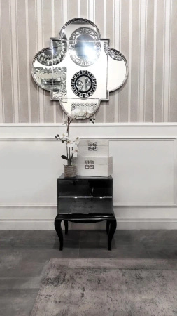 Szafka nocna Bresso glamour czarne lustrzane elementy na drewnianych nóżkach 55/45/62 cm