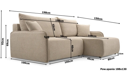 Narożnik MIRABELLA 198x150 cm z funkcją spania
