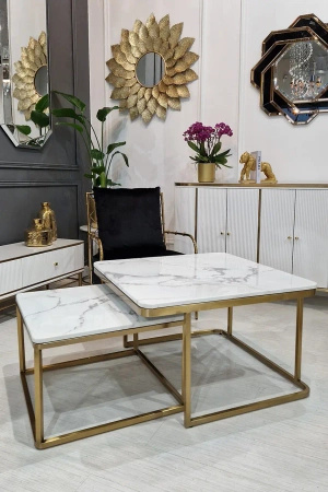 Zestaw stolików kawowych Porto złoto/biel