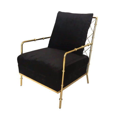 Fotel Florene 66/71/85cm tapicerowany czarnym welurem w złotej chromowanej ramie