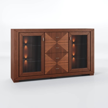 Komoda 185 cm przeszklona z intarsją dąb kasztanowy CUBE