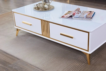 Stolik kawowy Laval glamour 130/70/41cm z białego szkła hartowanego o złotym wykończeniu