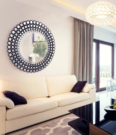 Lustro okrągłe Ines C 120cm w stylu glamour w ramie z mniejszych czarnych lustrzanych kółek