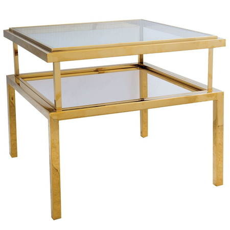 Stoliczek kawowy Janssen 55/55/65cm złoty z dwoma szklanymi kwadratowymi blatami