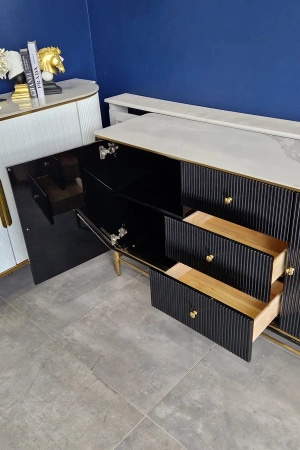 Komoda czarna Violino glamour ze złoceniami i białym blatem ze spieku