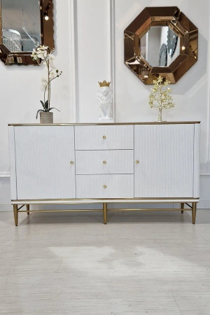 Komoda biała Violino glamour ze złoceniami i blatem ze spieku