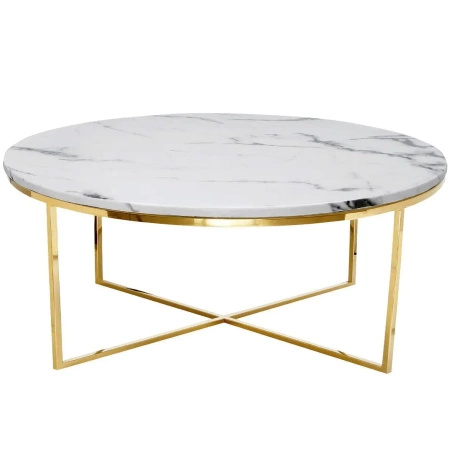 Stolik kawowy Pelio glamour z blatem z białego marmuru osadzony na złotym stelażu 90/90/42 cm