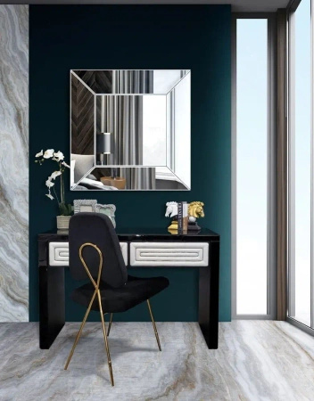 Konsola czarna Belluno 120/42/78cm połyskująca z białymi skórzanymi obiciami szafek ozdobionymi cyrkoniami