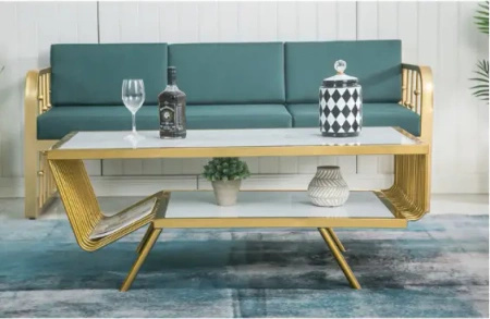 Stolik kawowy Esonne glamour 100/52cm złoty z białym marmurowym blatem