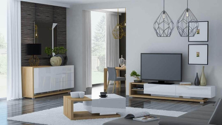 Komoda minimalistyczna biały połysk/dąb naturalny 205x94x46 cm PORTO STANDARD