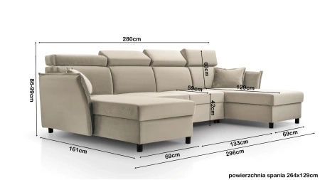 Narożnik MORIS U 296x161 cm z funkcją spania