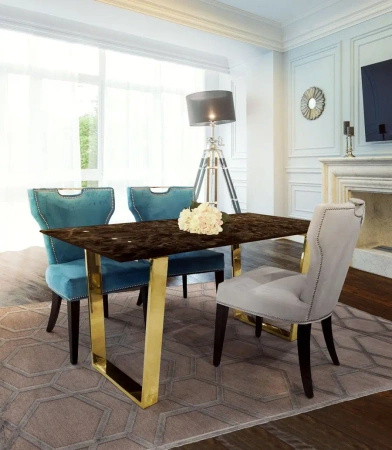 Krzesło Vittdria 58/65/95cm tapicerowane niebieskim welurem ze srebrnym uchwytem i srebrnymi nitami