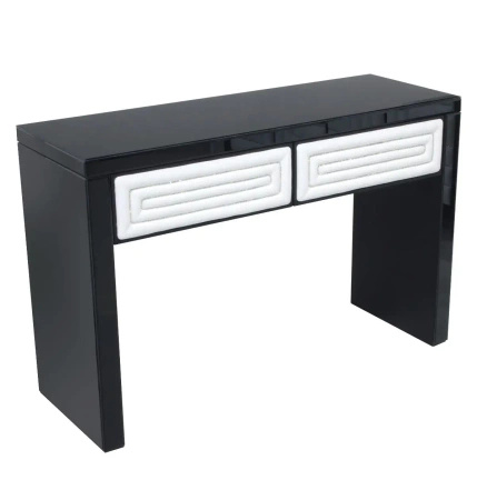 Konsola czarna Belluno 120/42/78cm połyskująca z białymi skórzanymi obiciami szafek ozdobionymi cyrkoniami