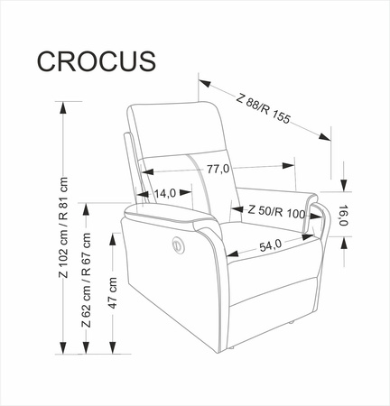 CROCUS fotel wypoczynkowy z funkcją elektrycznego rozkładania, popielaty (1p=1szt)