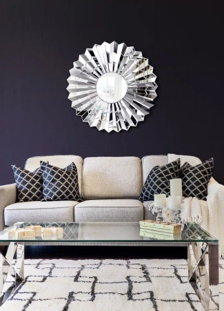 Lustro okrągłe glamour Violett Srebrne 90cm w lustrzanej wachlarzowej ramie