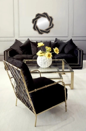 Fotel Florene 66/71/85cm tapicerowany czarnym welurem w złotej chromowanej ramie