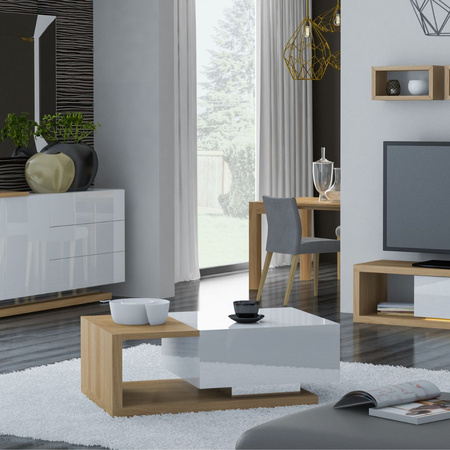 Ława 125 cm dąb naturalny + biały połysk PORTO STANDARD