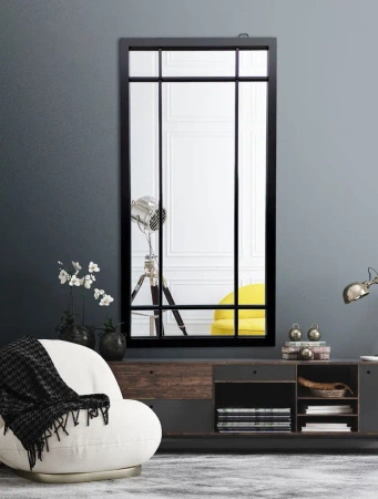 Lustro Brooklyn 140/70cm w stylu loft okienne z czarnymi szprosami i stalową ramą